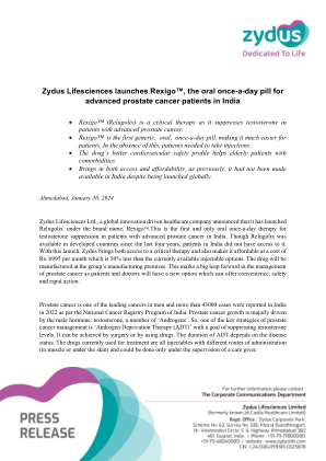 Zydus Lifesciences 推出 Rexigo™，一次性口服...